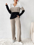 Color Block Half Zip Hooded Top and Pants Set by Belle Bijouix, beige/white/black knit loungewear