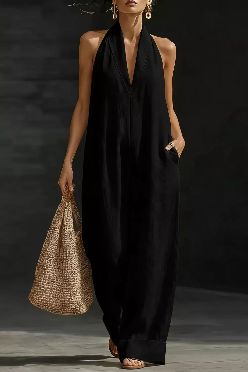 Sleeveless wide-leg jumpsuit in black with halter neckline and pockets; model carries a tan woven tote.