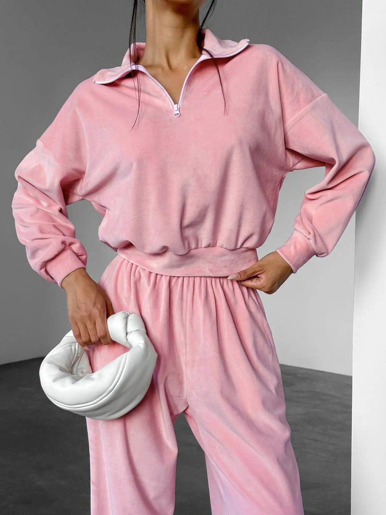 Belle Bijouix pink quarter-zip long-sleeve top and pants set in velvety fabric with elastic waist