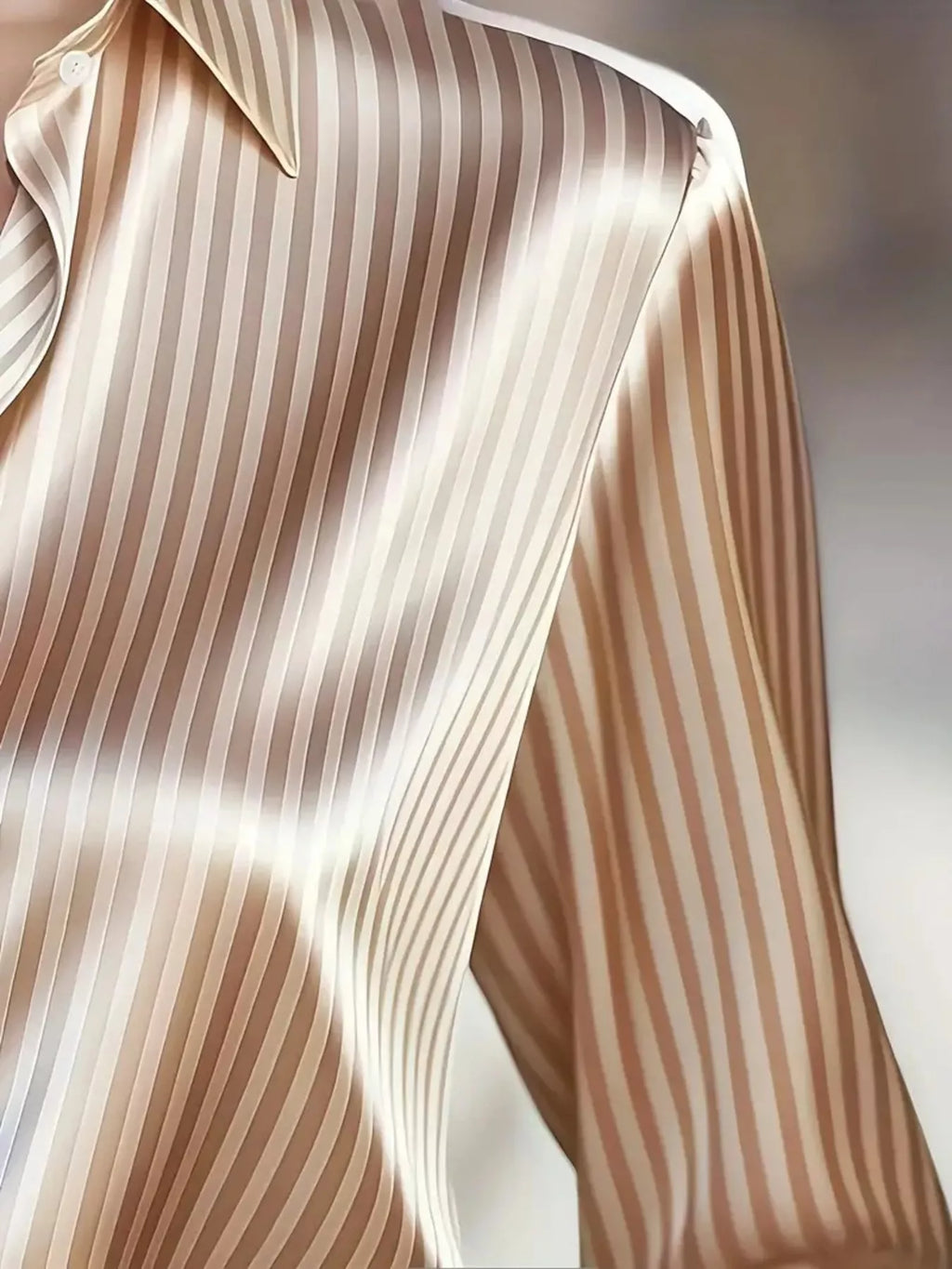 Striped long-sleeve shirt in beige and ivory, silky fabric, button-front collar.