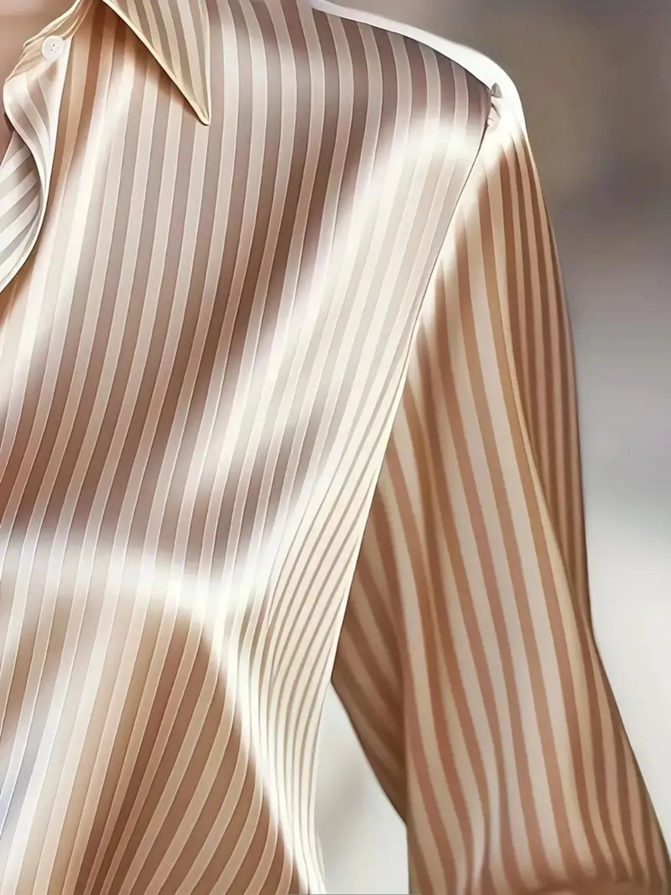 Striped long-sleeve shirt in beige and ivory, silky fabric, button-front collar.