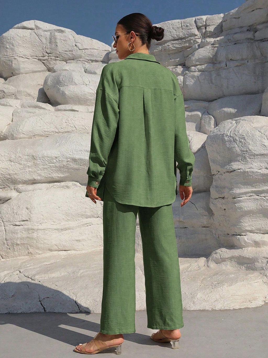 Button-up long-sleeve shirt and pants set in olive green by Trendsi, back view of model.