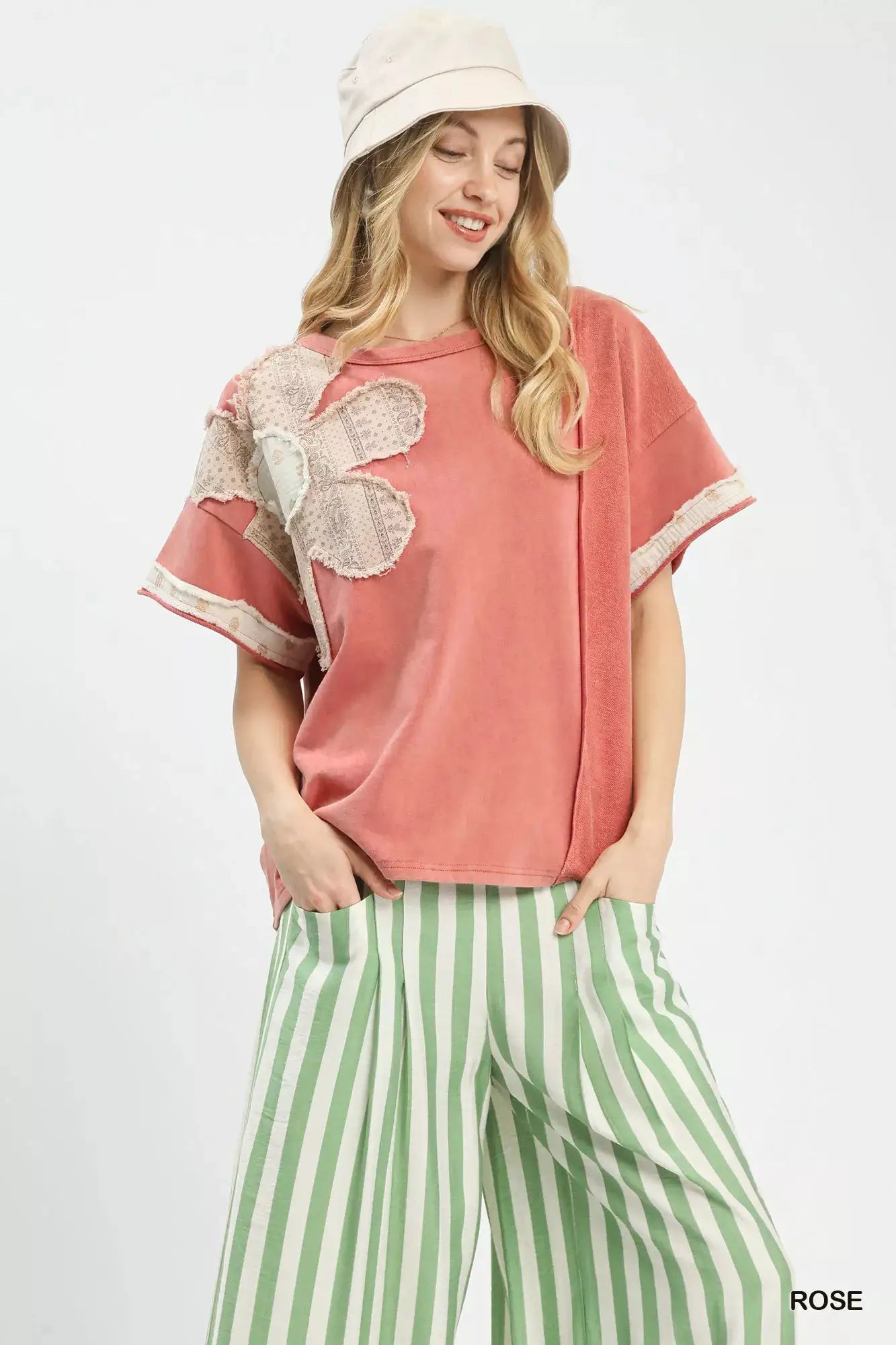 Umgee French Terry Top with Flower Patch in rose pink featuring beige lace floral applique on shoulder.