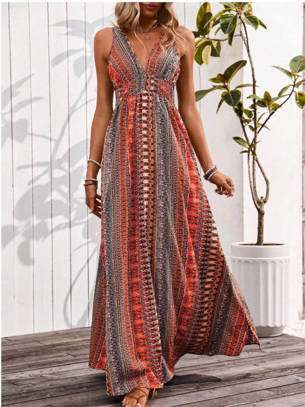 Tied Back Printed Sleeveless Maxi Slit Dress by Bellebijouix in a multicolor boho print with a slit and smocked detail.