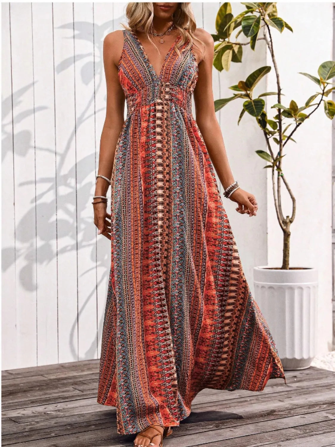 Tied Back Printed Sleeveless Maxi Slit Dress by Bellebijouix in a multicolor boho print with a slit and smocked detail.