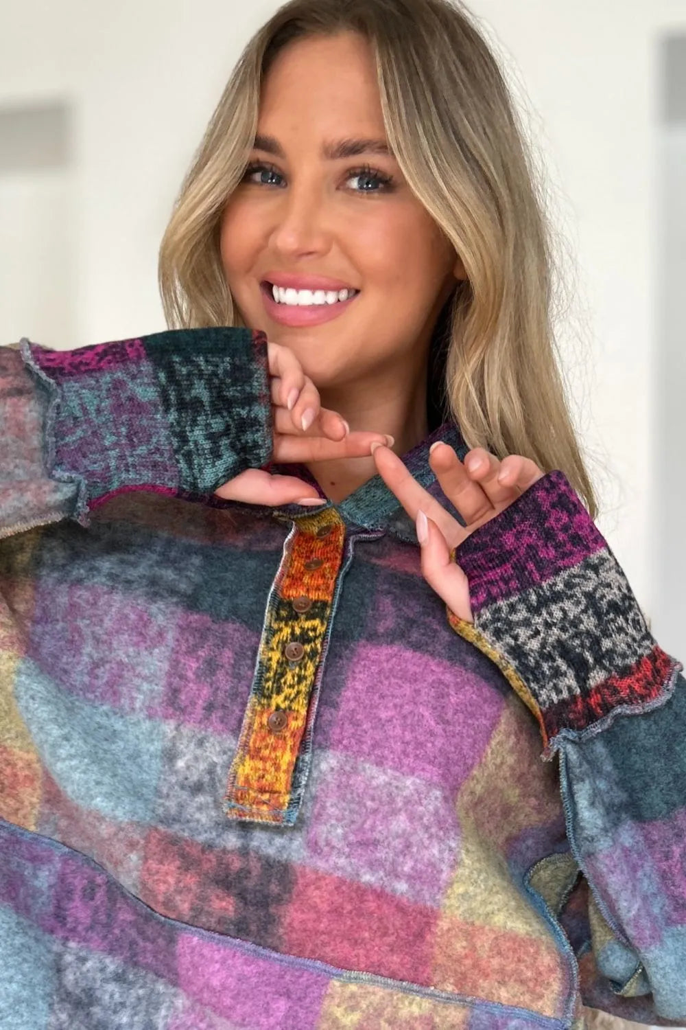 Double Take plaid fleece hoodie, multicolor with dropped-shoulder fit and orange button placket