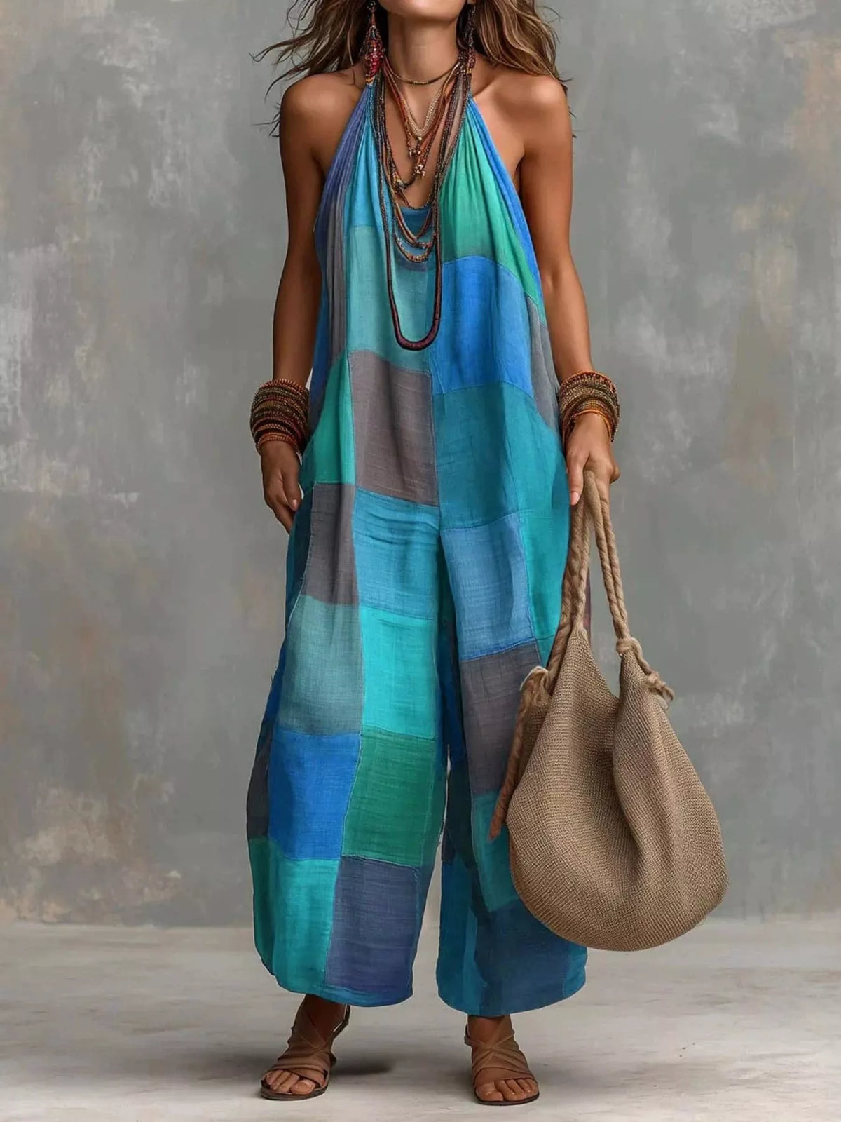 Plaid Halter Neck Wide-Leg Jumpsuit