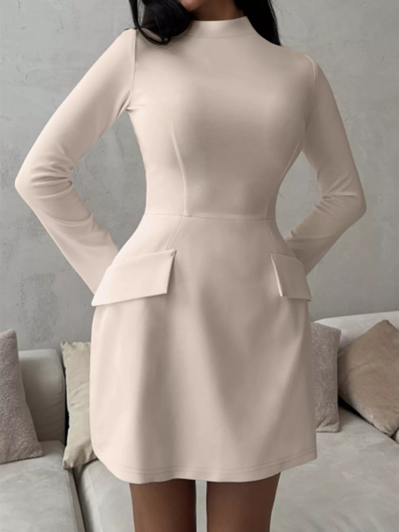 Mock Neck Long Sleeve Bodycon Dress by Belle Bijouix in cream with hip flap pockets