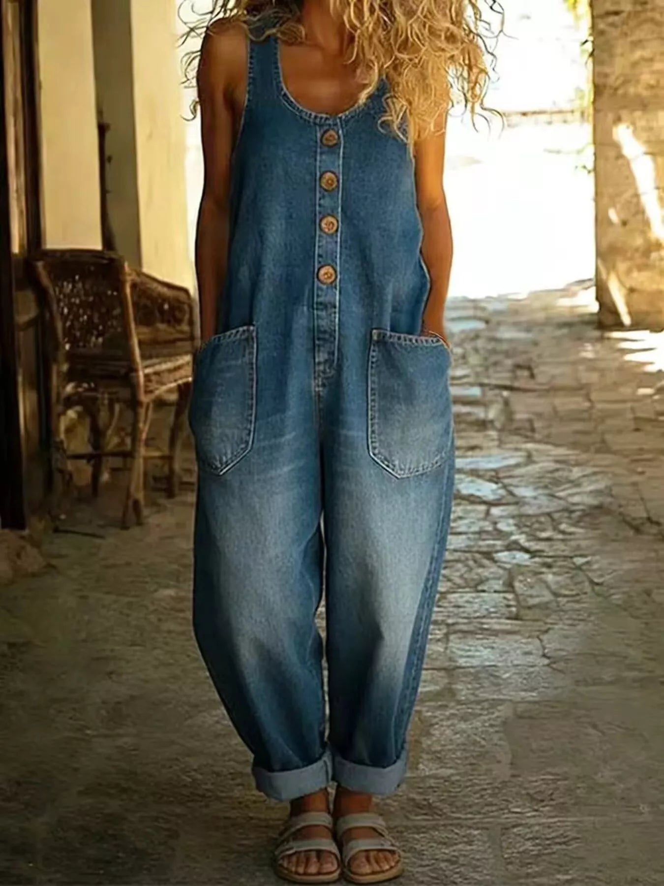 Full Size Button Detail Wide Strap Denim Jumpsuit, blue, plus size with front buttons and large pockets