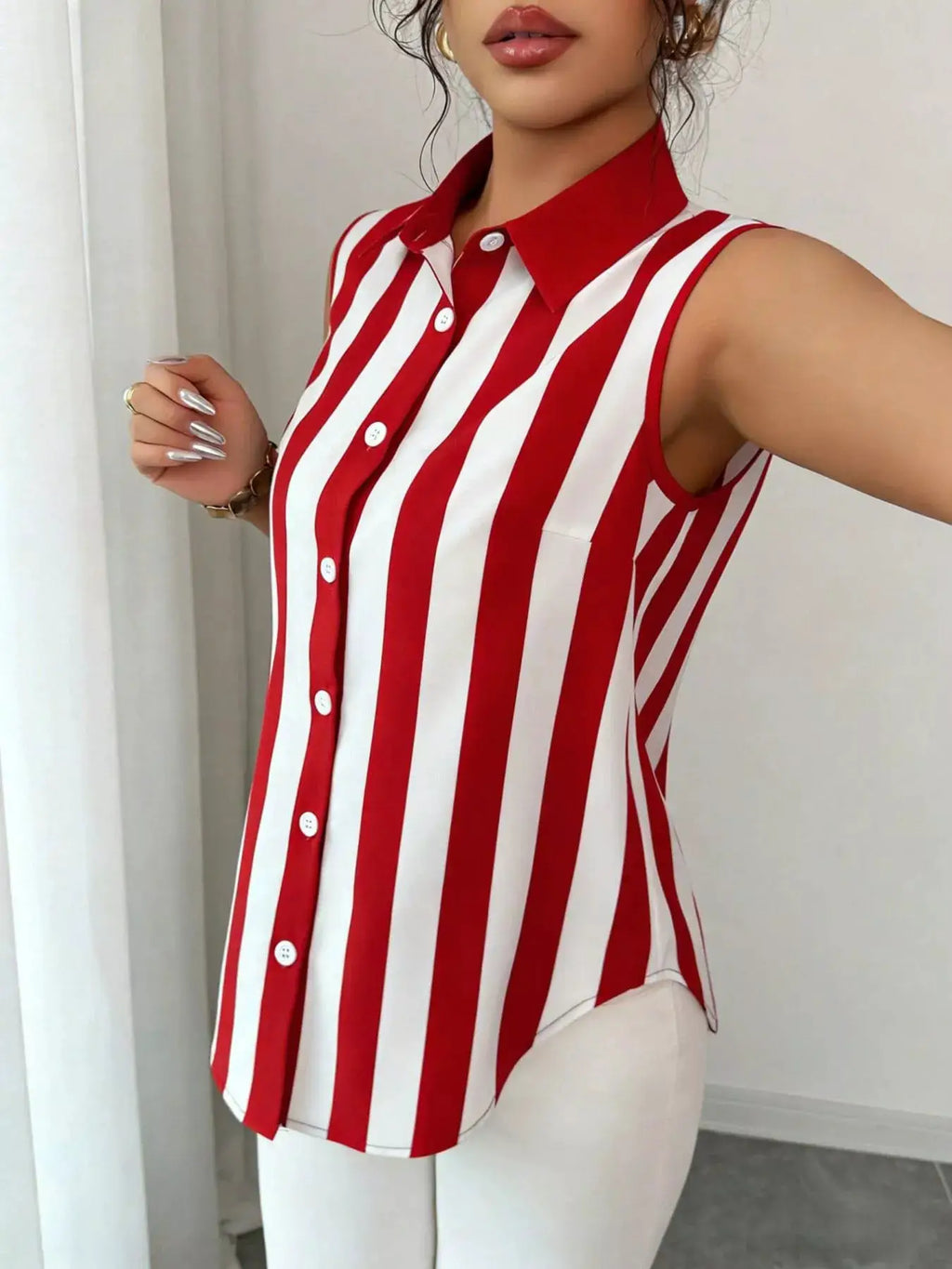 Button Up Sleeveless Shirt in red and white vertical stripes; collared tank top.