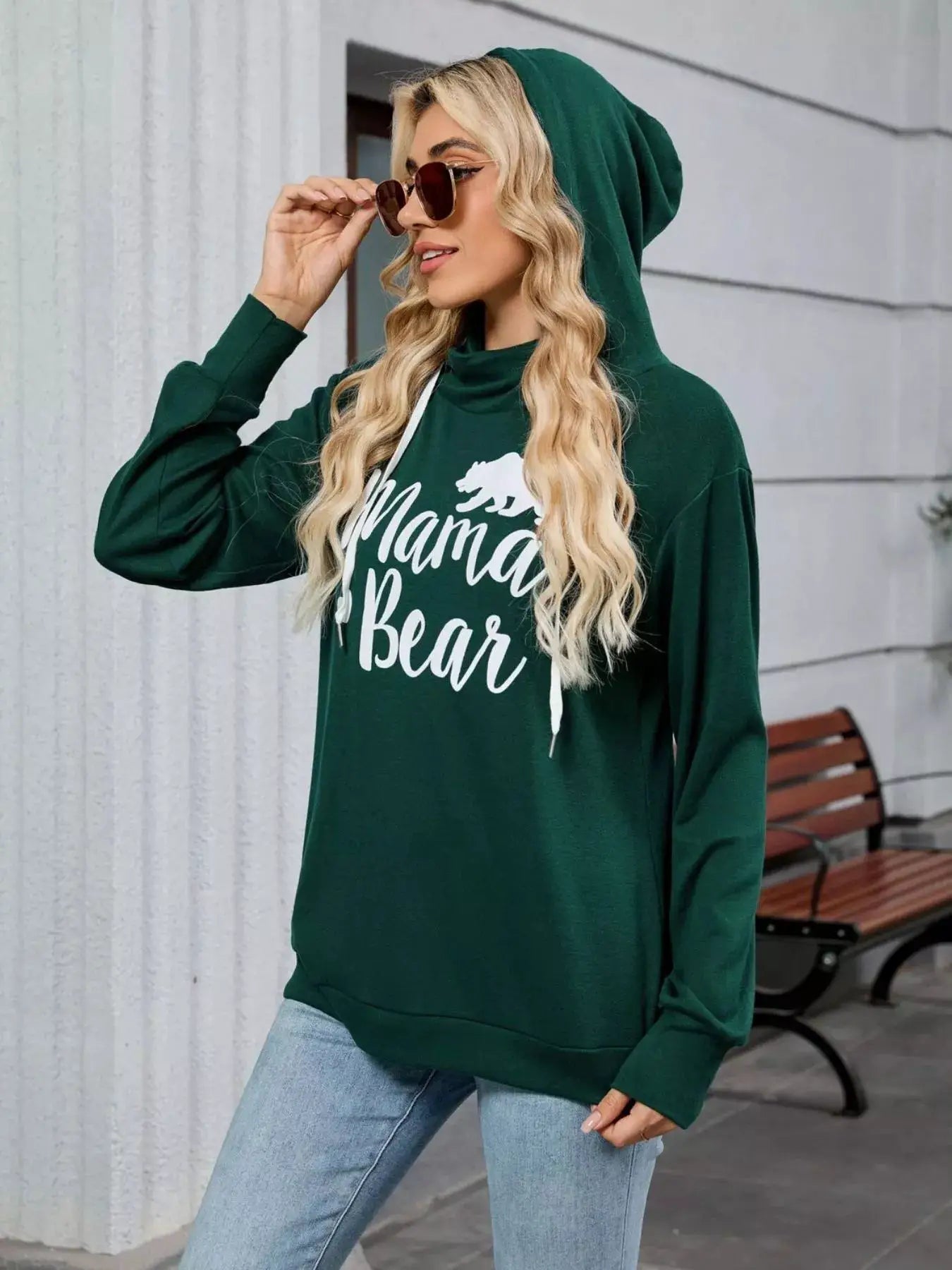 Letter Drawstring Long Sleeve Hoodie by Belle Bijouix in dark green with white drawstrings and Mama Bear graphic.