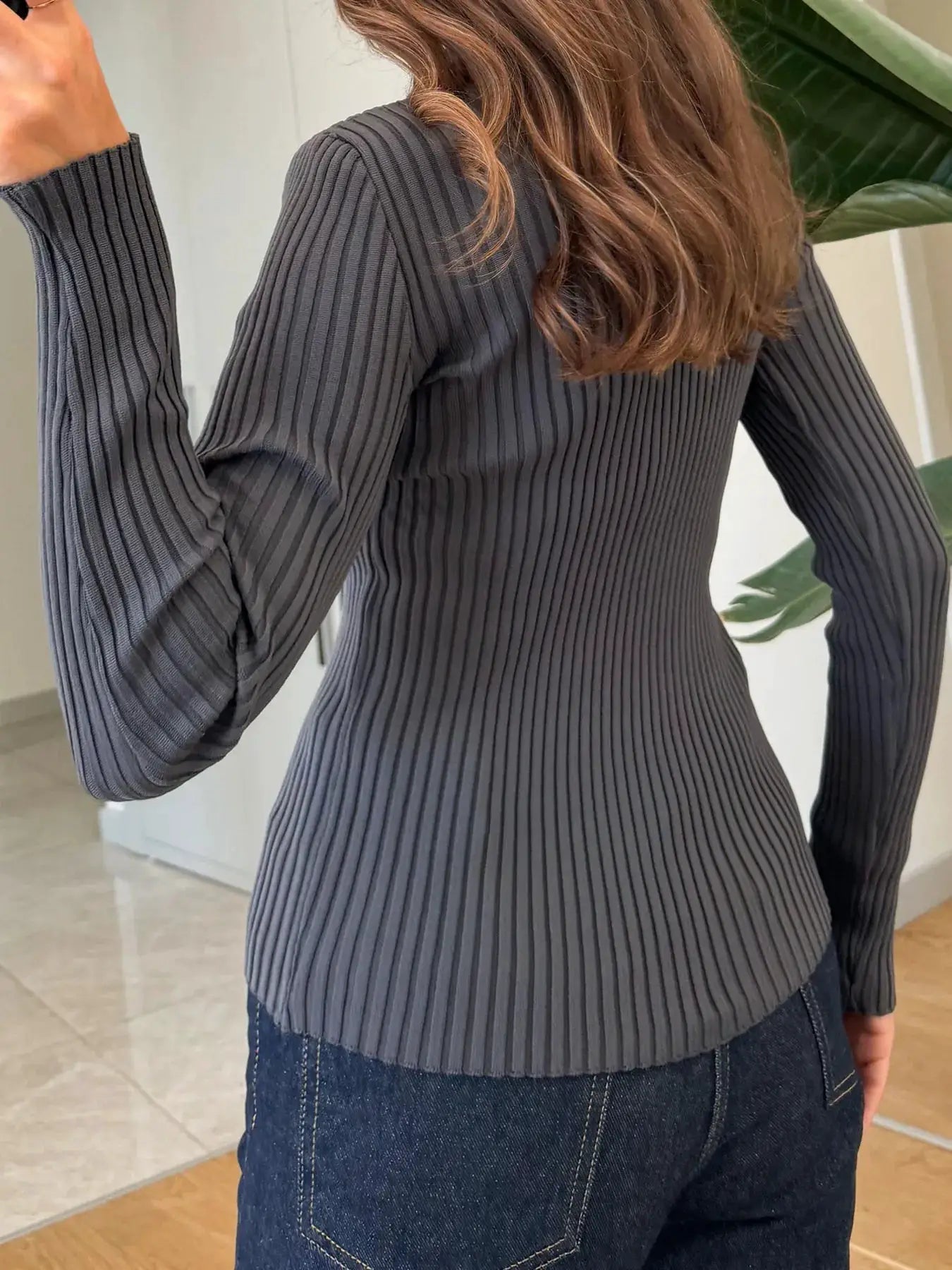 Ribbed Button-Front Long Sleeve Cardigan in charcoal gray.