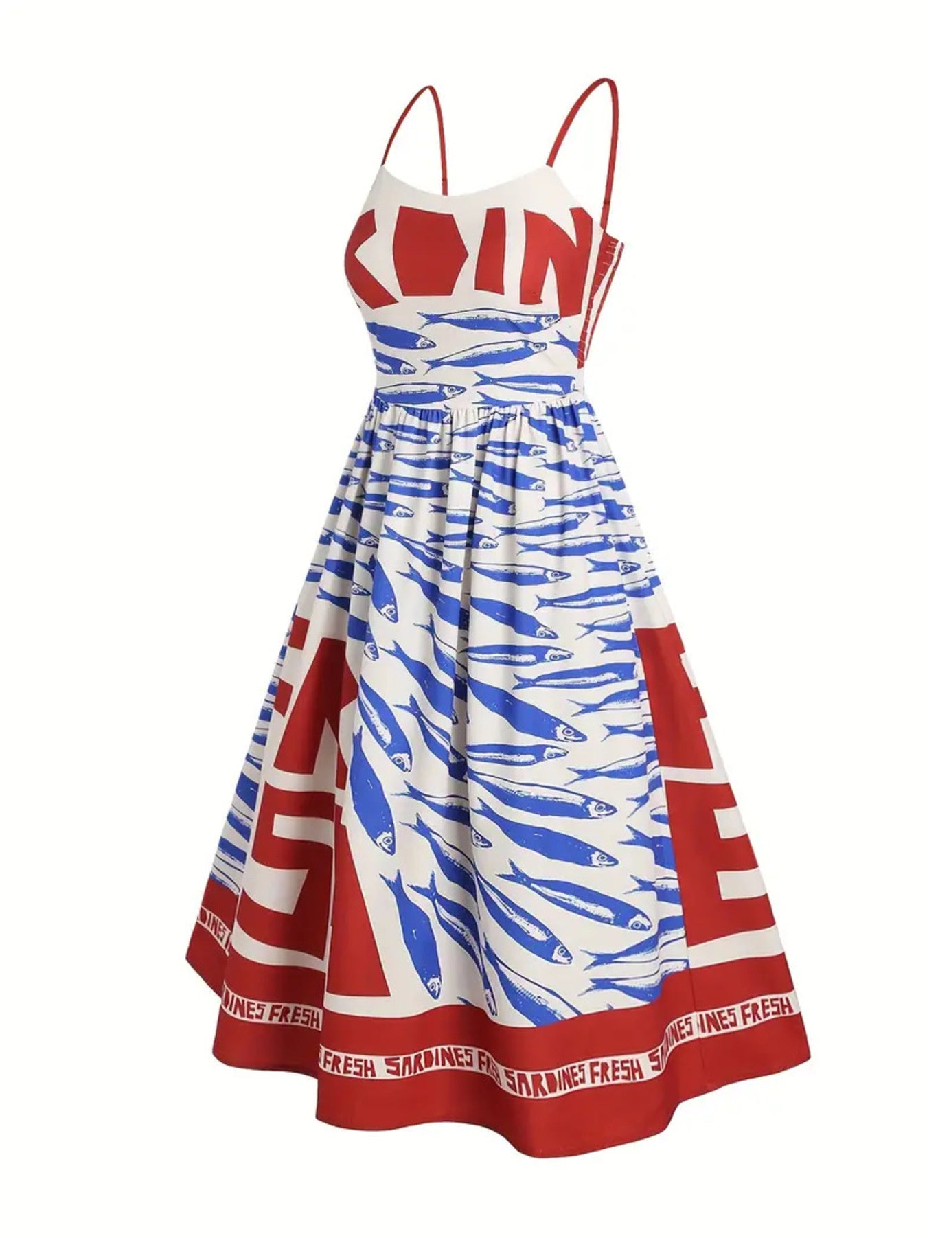 Sardine Print Spaghetti Strap Midi Dress by Bellebijouix in red, white and blue