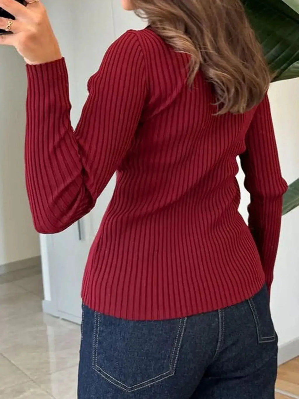 Ribbed Button-Front Long Sleeve Cardigan in burgundy knit