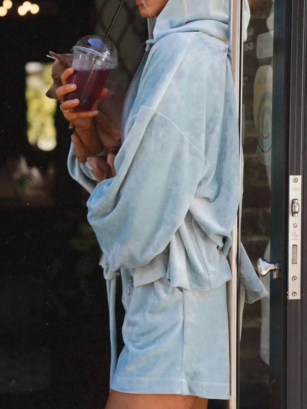 Zip-Up Hoodie & Shorts activewear set in light blue, two-piece outfit.