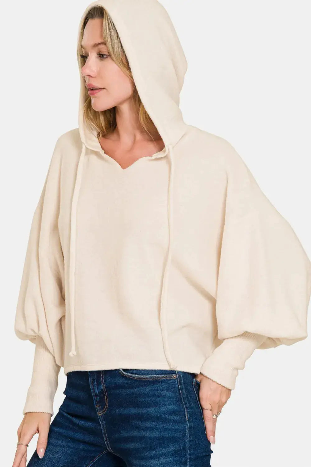 Zenana brushed Hacci cropped hoodie in cream with drop-shoulder silhouette