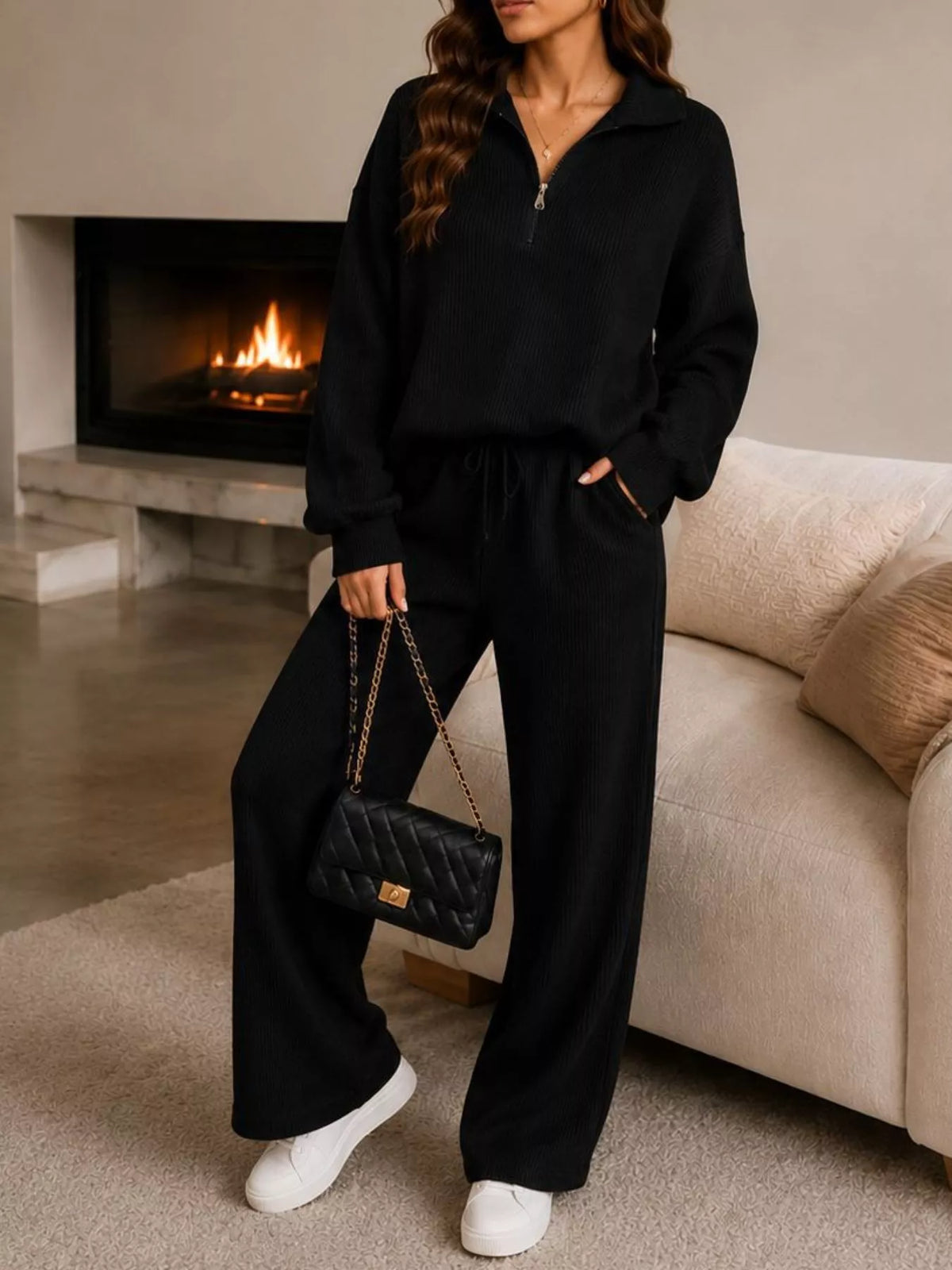 Ribbed Knit Quarter-Zip & Wide-Leg Pants Set by Belle Bijouix – view 13 of 16