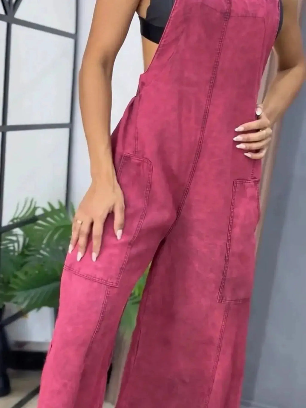 Full Size wide-leg washed denim overalls in pink with large patch pockets.