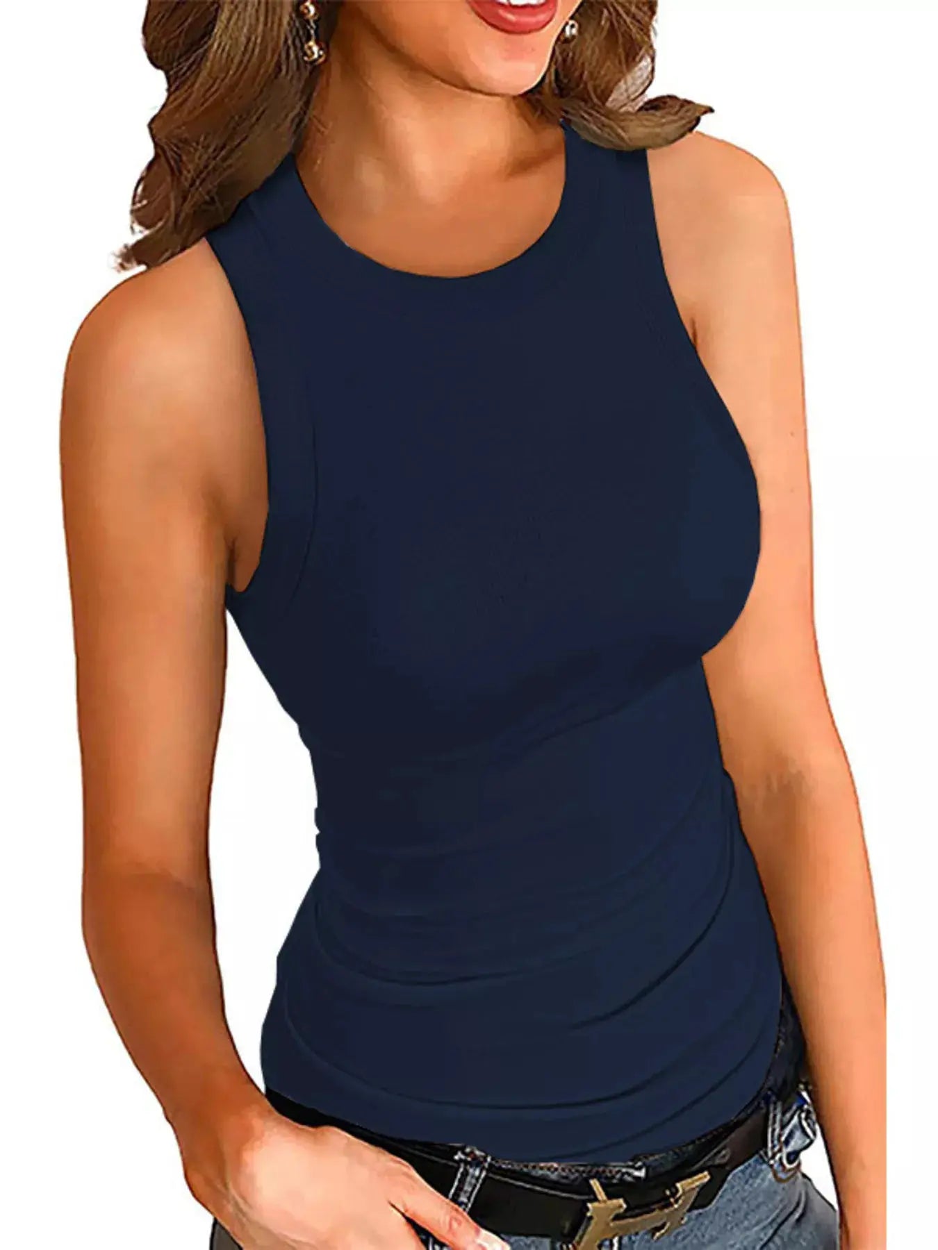 Trendsi full-size ribbed round-neck tank top in navy, plus size.