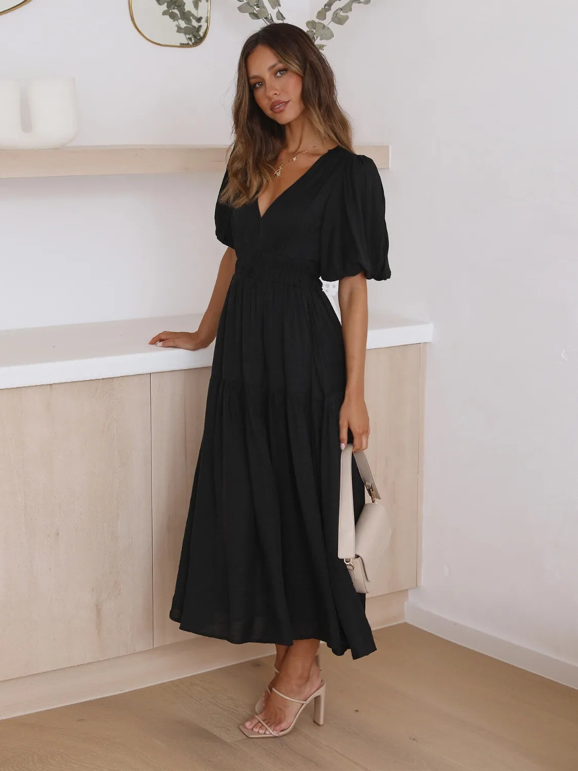 Tiered Surplice Half Sleeve Midi Dress in black by Belle Bijouix