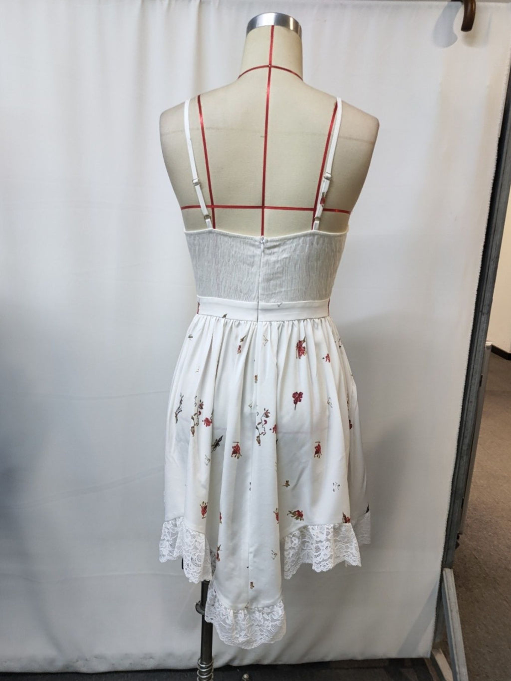 Floral Print Lace Trimmed Asymmetrical Hem Cami Dress by Trendsi, white with red flowers, lace hem, adjustable straps