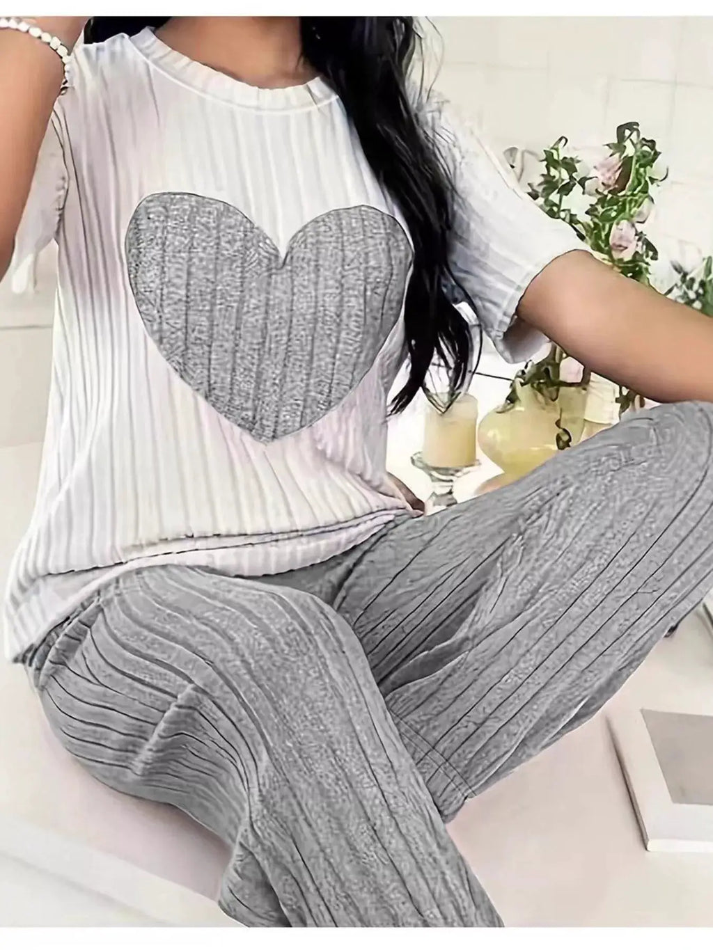 Heart ribbed knit two-piece lounge set by Belle Bijouix; white striped top with silver heart and gray ribbed pants