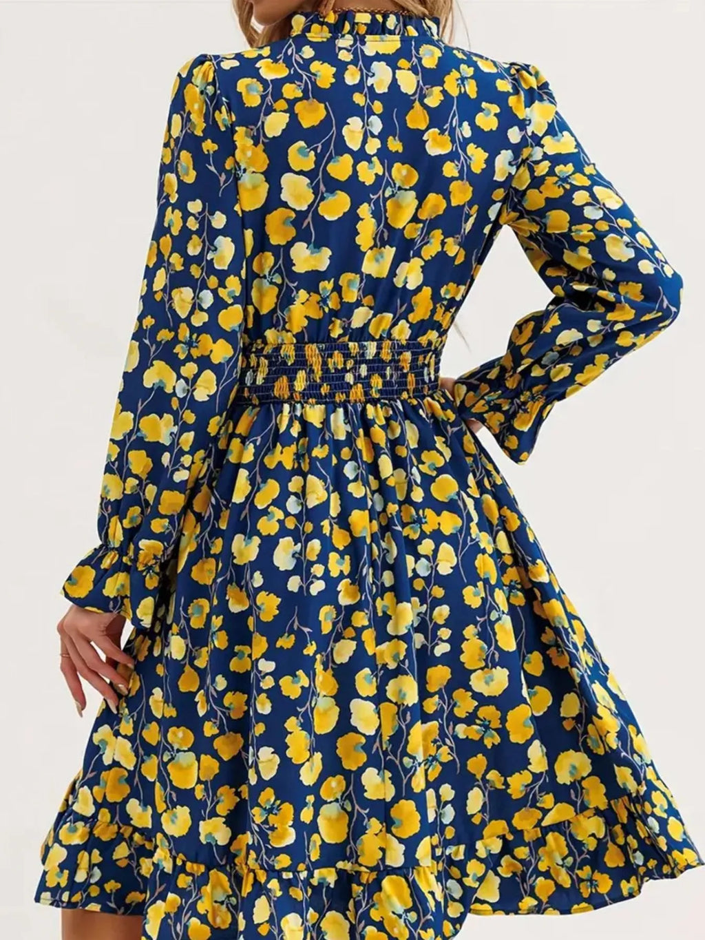 Floral Print Flounce Sleeve Ruffle Hem Dress, navy base with yellow blooms, smocked waist.