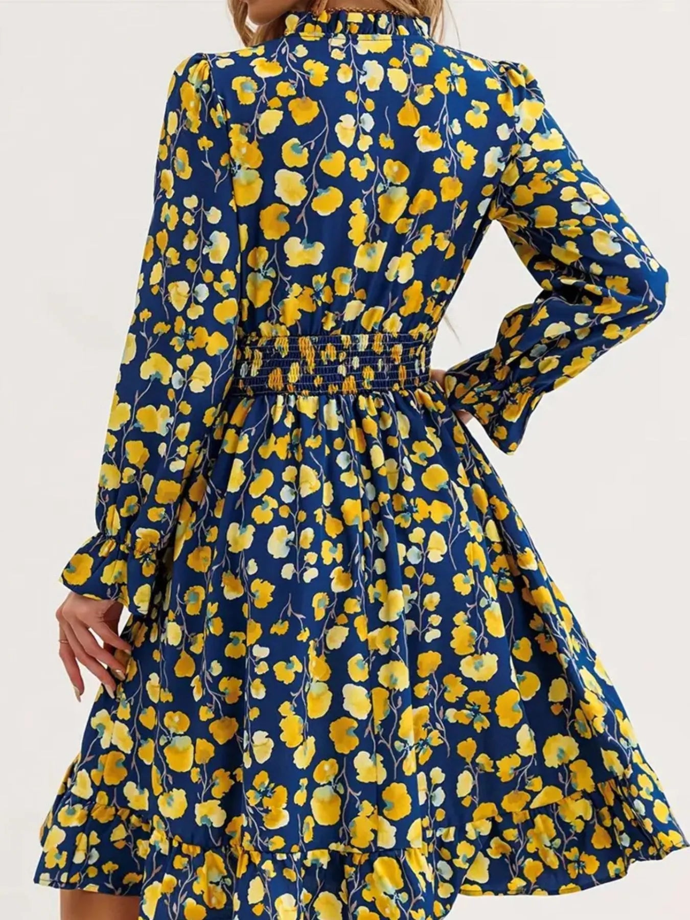 Floral Print Flounce Sleeve Ruffle Hem Dress, navy base with yellow blooms, smocked waist.