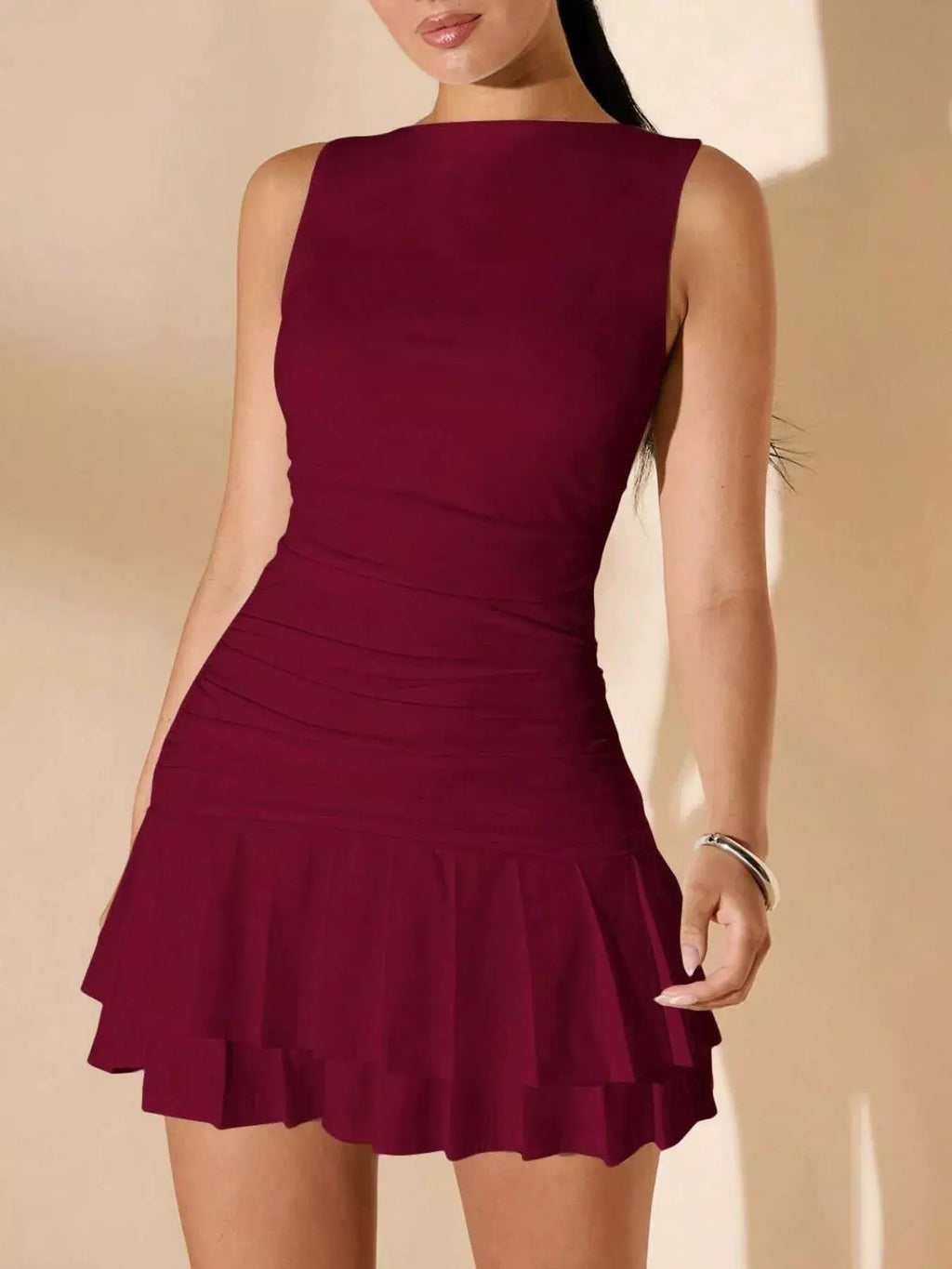 Ruffle Hem Sleeveless Mini Dress in burgundy with ruched waist