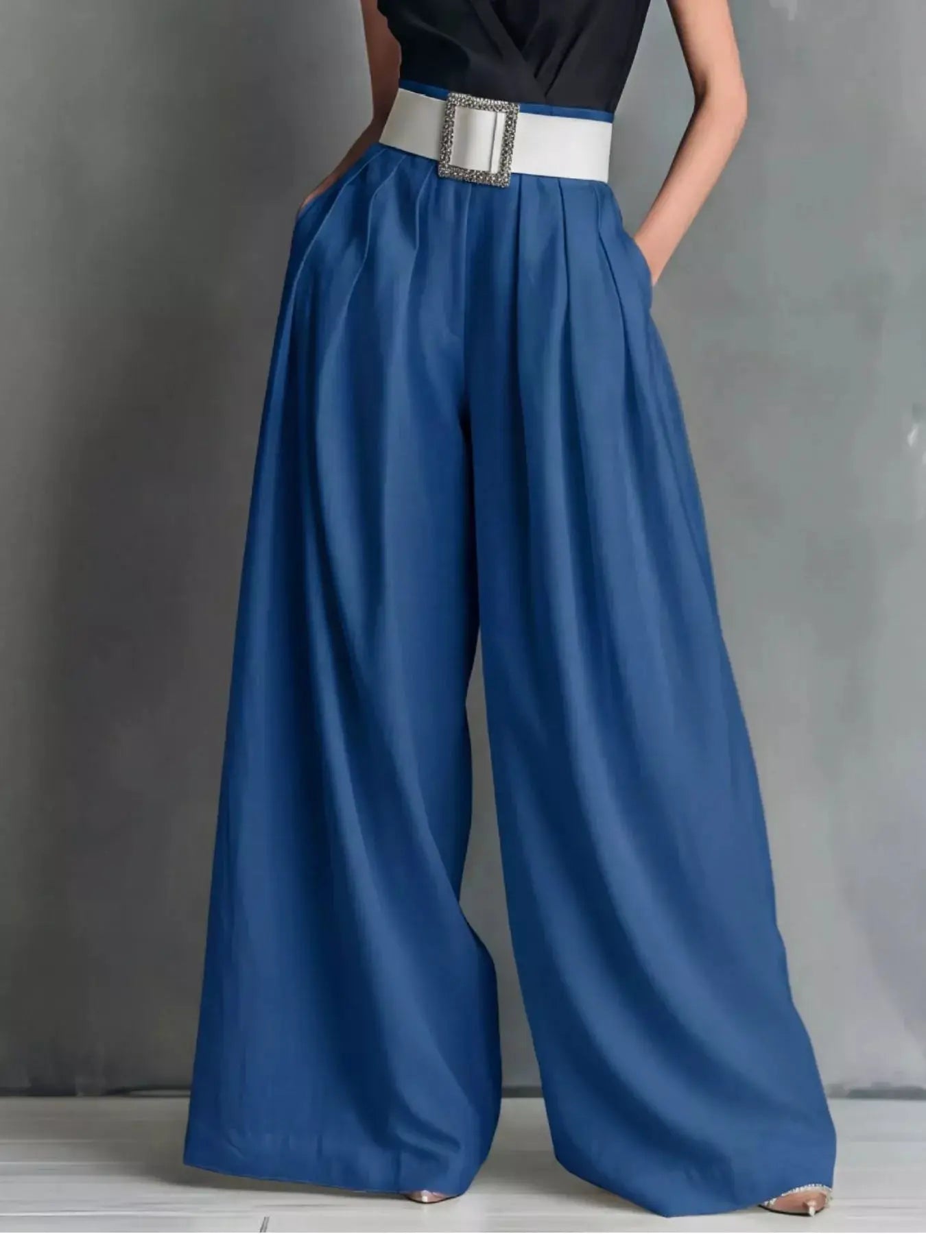 Bottoms by Trendsi: blue high-waisted wide-leg pants with white rhinestone-buckle belt
