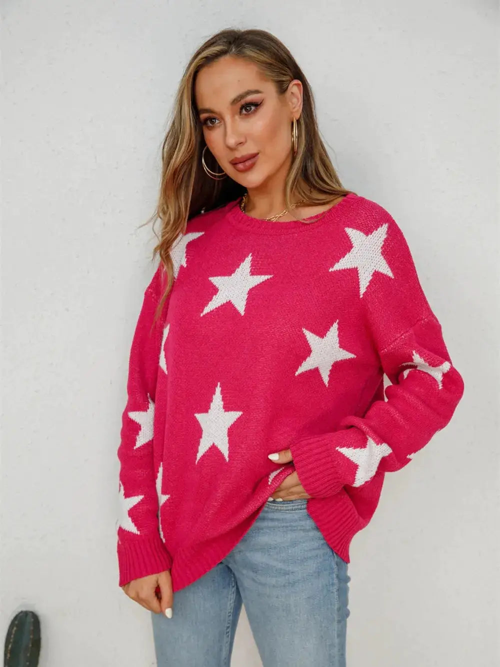 Angel Wings Star Round Neck Dropped Shoulder Sweater in pink with white star pattern