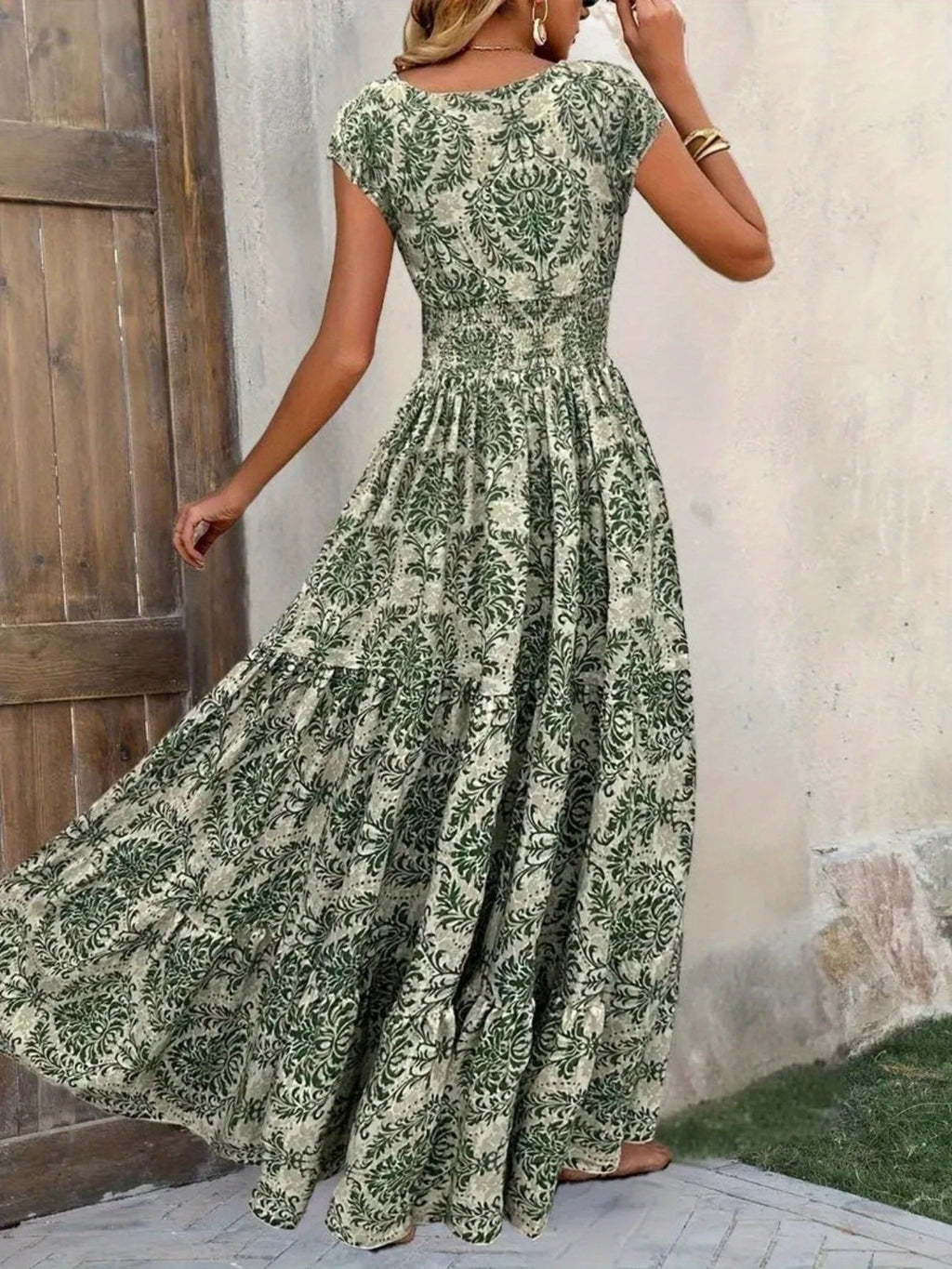Printed Cap Sleeve Maxi Dress by Bellebijouix, green botanical print with tiered smocked waist.