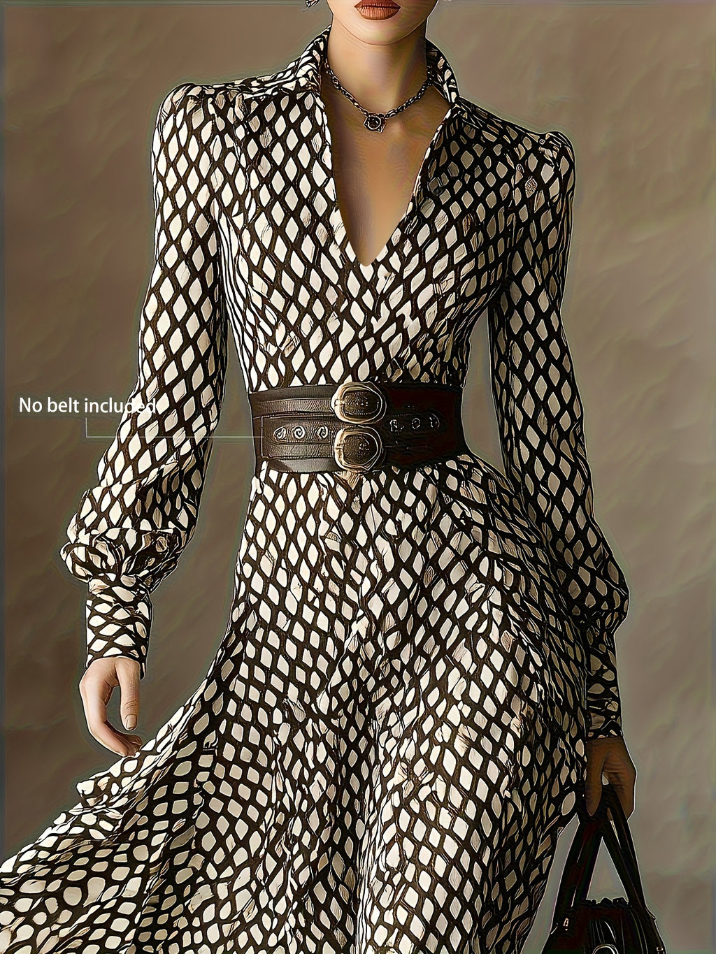 Printed long sleeve midi dress in black-and-white lattice pattern with belted waist.