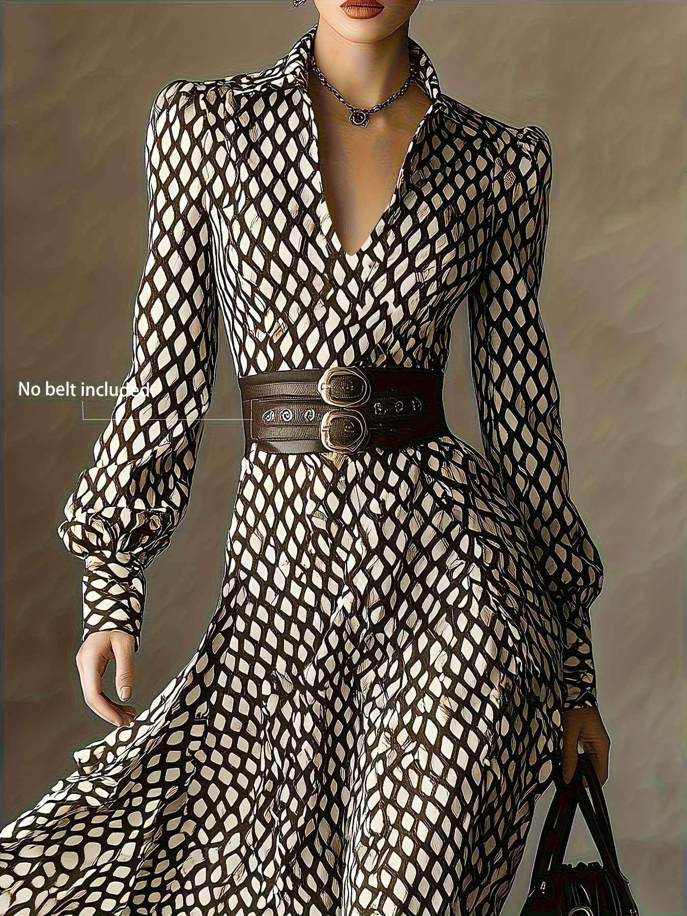 Printed long sleeve midi dress in black-and-white lattice pattern with belted waist.
