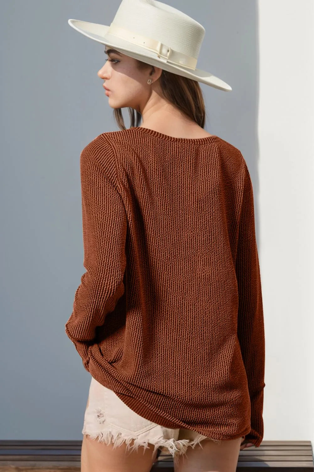 Tops: Double Take Full Size Notched Thumbhole Long Sleeve T-Shirt in rust brown knit
