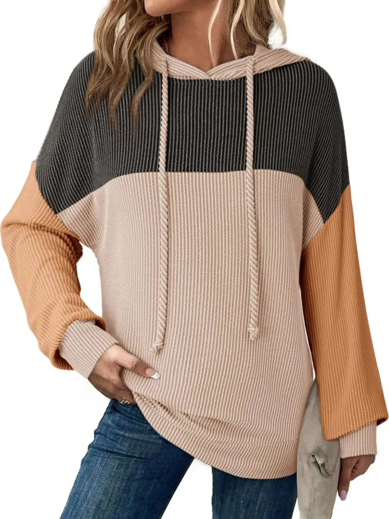 Drawstring color-block Belle Bijouix hoodie top in beige, black and tan knit with long sleeves