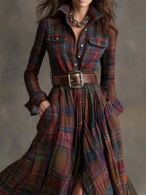 Belted Plaid Button-Down Maxi Shirt Dress in Multicolor Plaid by Belle Bijouix – view 2 of 27