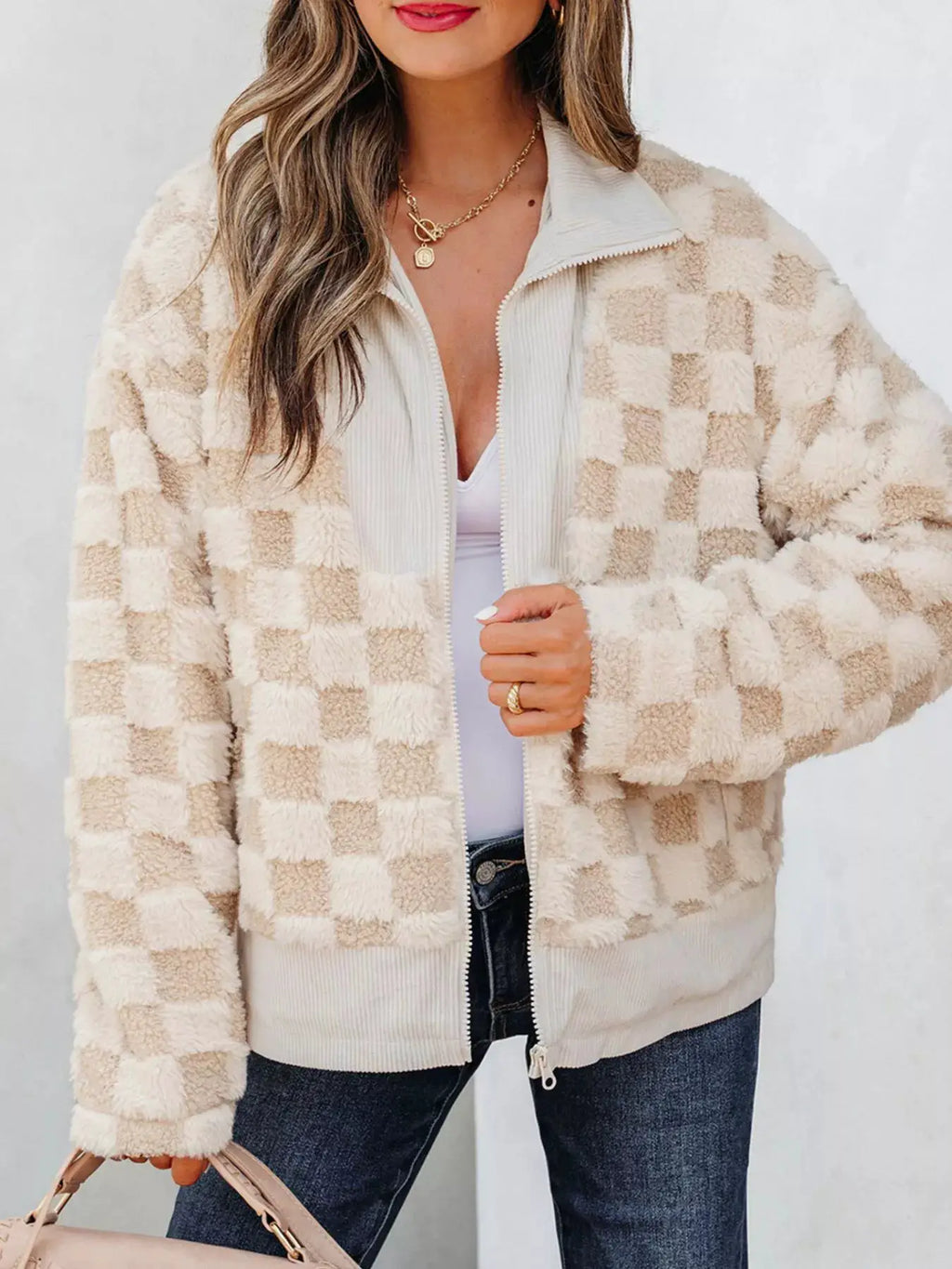 Belle Bijouix checker sherpa corduroy patchwork zip-up jacket in beige/ivory with front pockets and ribbed cuffs