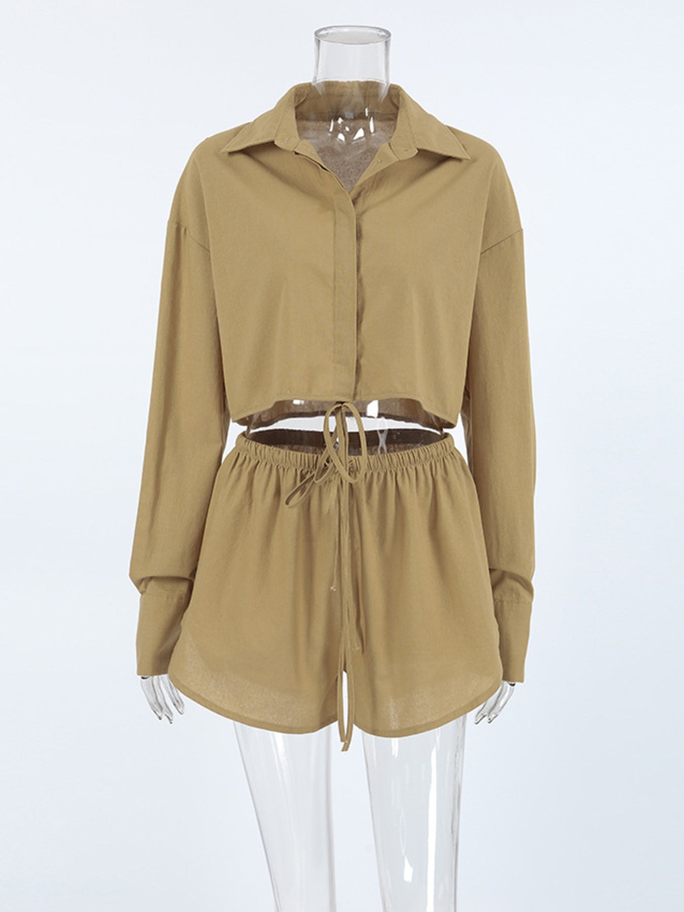 2-piece camel beige long-sleeve cropped top and shorts set with drawstrings