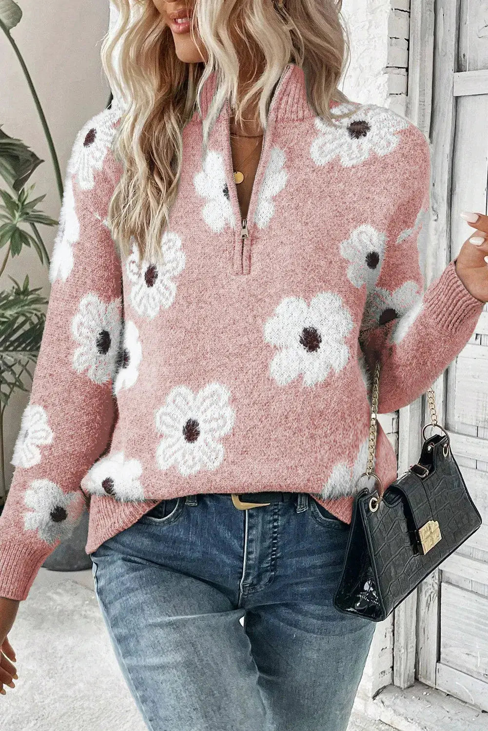 Flower Half Zip Long Sleeve Sweater in pink with white daisy pattern.