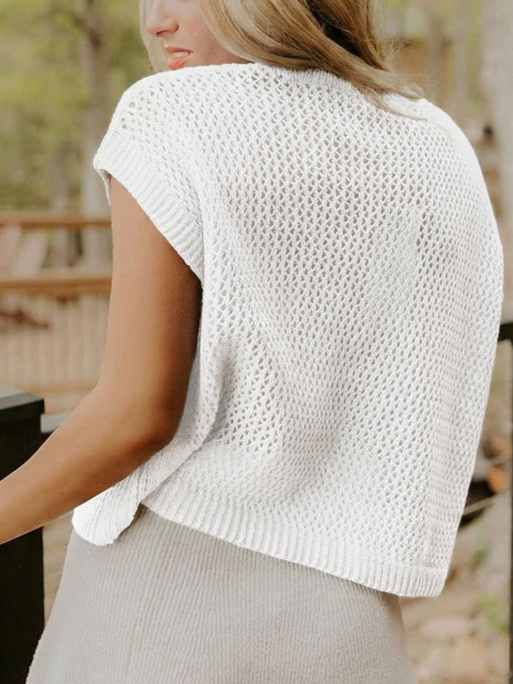 American Flag Knitted Short Sleeve Sweater by Trendsi in white open-knit fabric, back view.