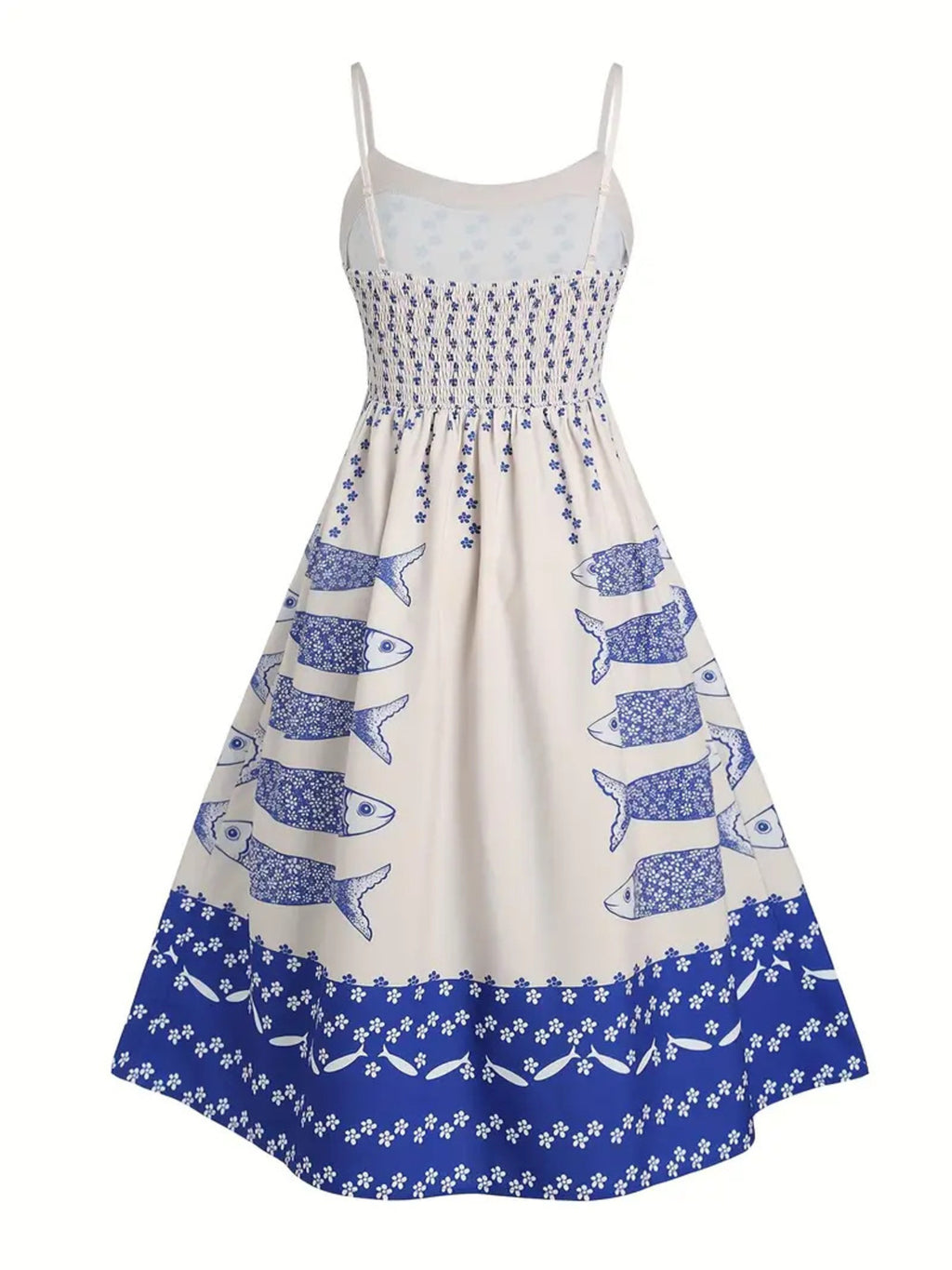 Bellebijouix Sardine Print Spaghetti Strap Midi Dress, white with blue sardine pattern and navy hem