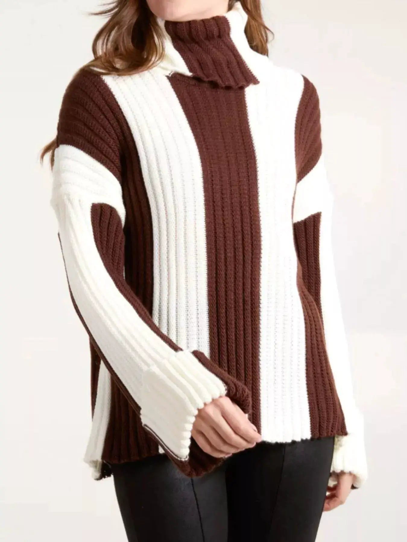 Color block ribbed turtleneck sweater in brown and white.