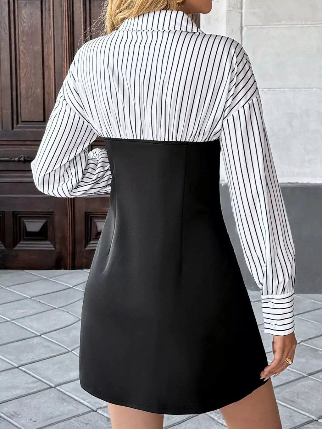 Striped shirt-panel bodycon mini dress by Belle Bijouix in black and white