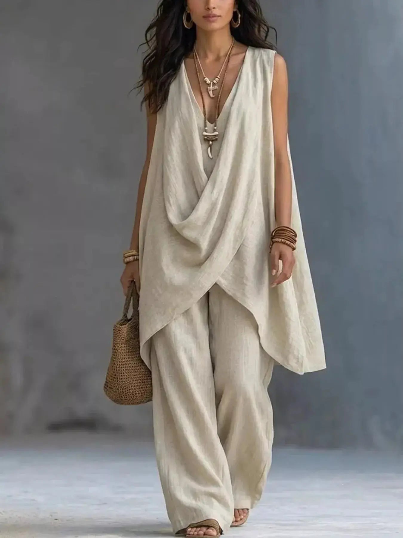 Sleeveless Asymmetrical Top and Wide-Leg Pants Set in beige linen-like fabric with draped front