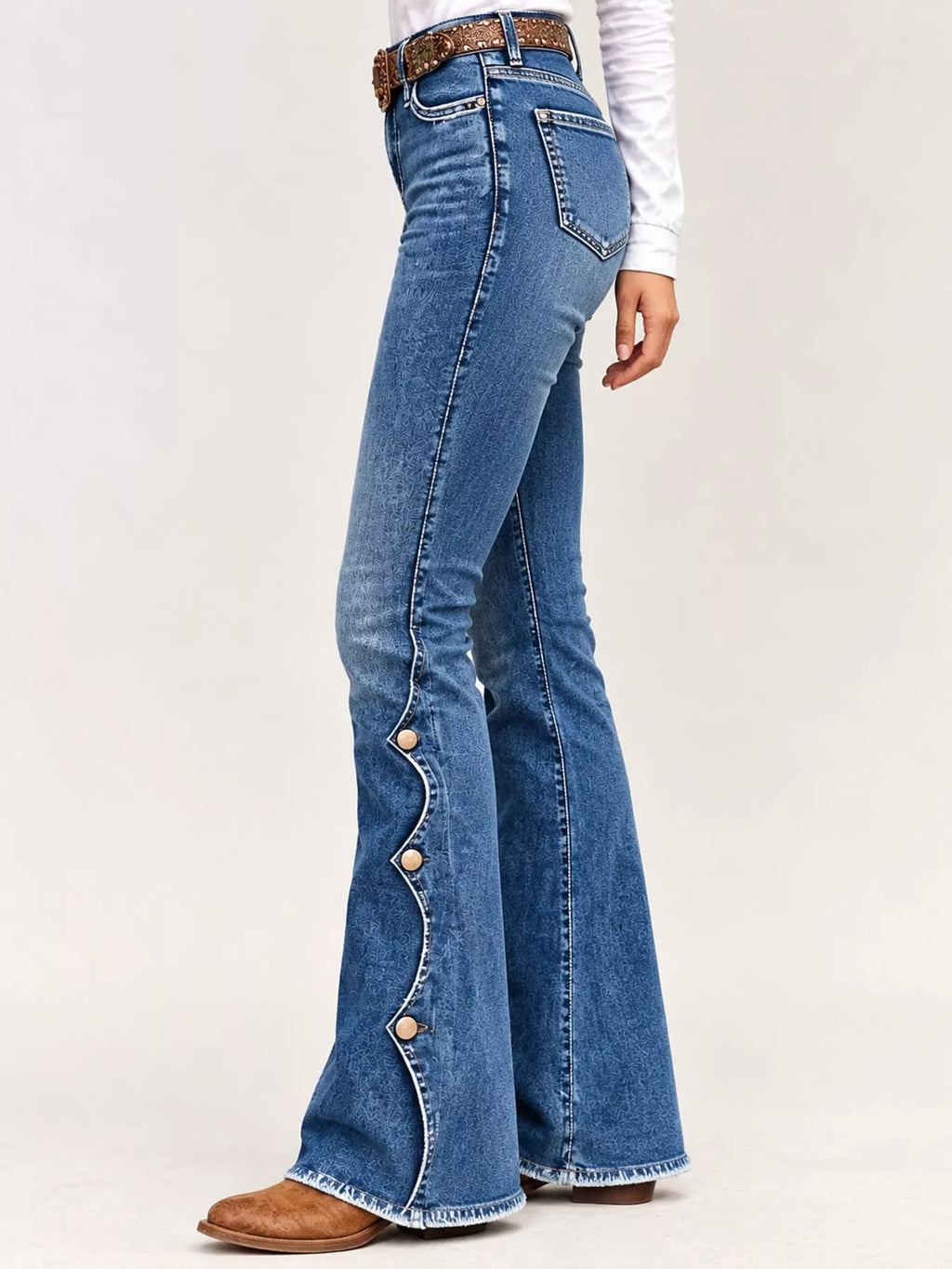 Western Button-Side Flare Jeans in Dark Blue by Belle Bijouix – side view