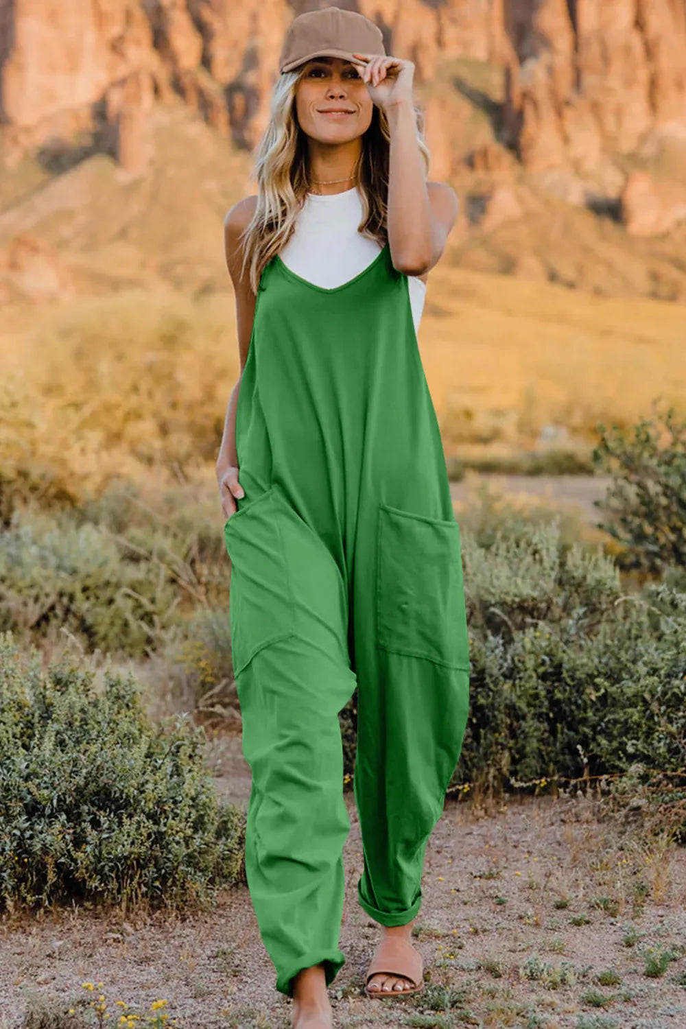 Double Take full-size V-neck sleeveless jumpsuit with pockets in green