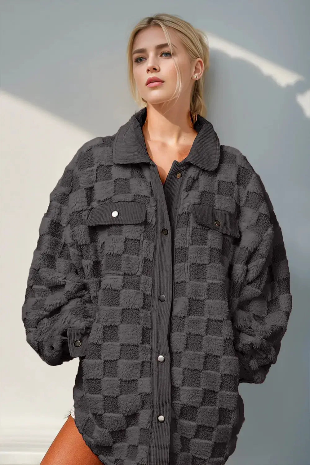 Double Take Button Up Fuzzy Checkered Shacket in charcoal gray with front pockets and buttoned closure