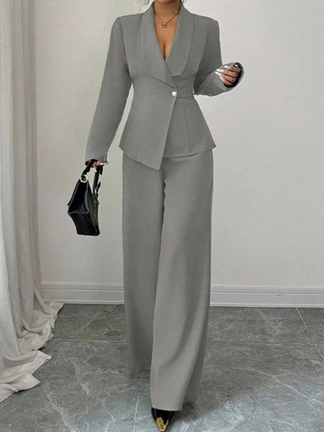 One Button Blazer and Pants Set in gray; matching pant suit with a single-button blazer and wide-leg pants