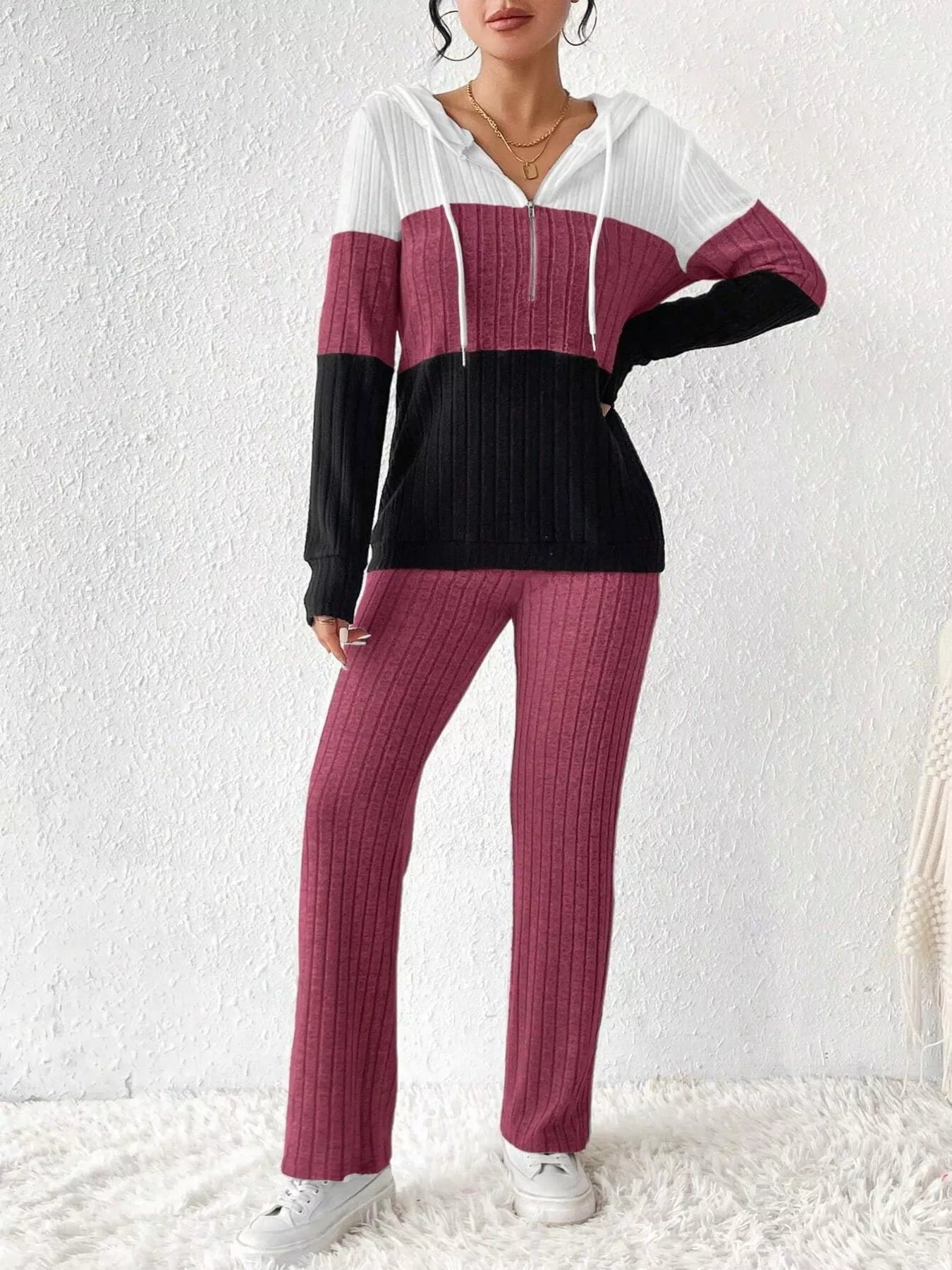 Color Block Half Zip Hooded Top and Pants Set by Belle Bijouix, ribbed knit loungewear in white, magenta, and black